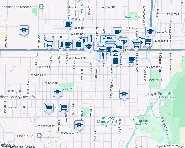 map of restaurants, bars, coffee shops, grocery stores, and more near 311 West Curtiss Street in Bozeman