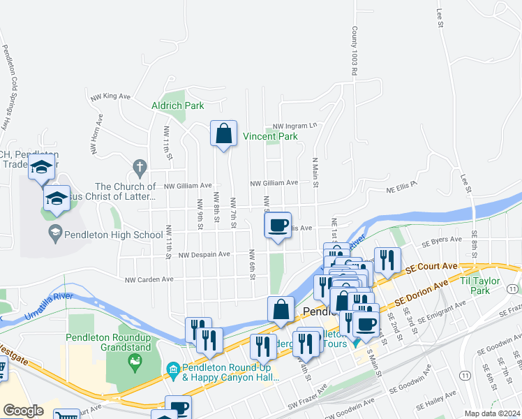 map of restaurants, bars, coffee shops, grocery stores, and more near 423 Northwest 5th Street in Pendleton