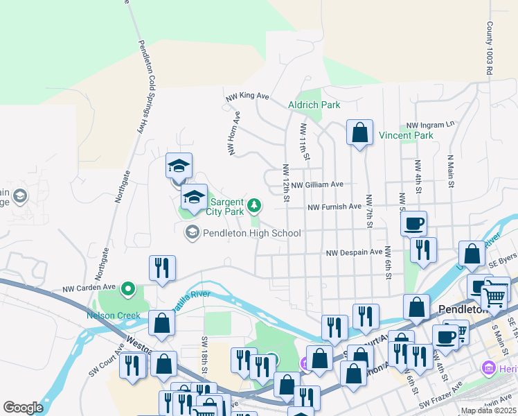 map of restaurants, bars, coffee shops, grocery stores, and more near 516 Northwest 14th Street in Pendleton