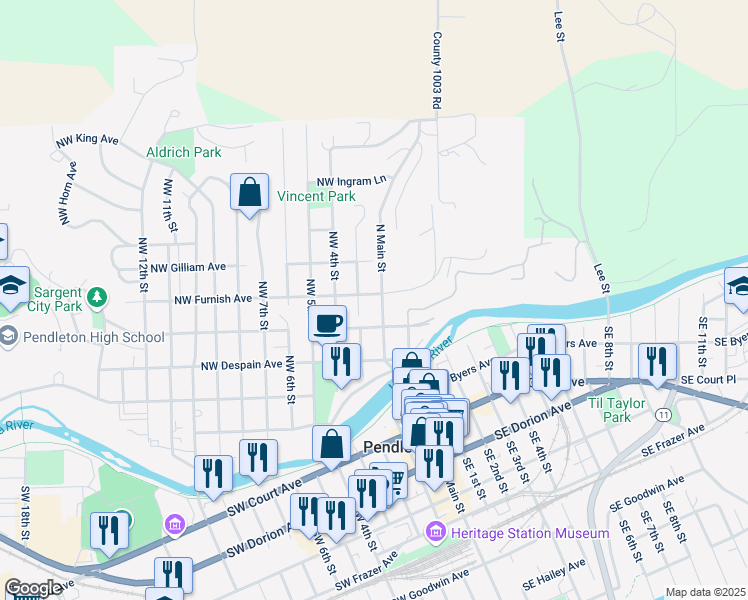 map of restaurants, bars, coffee shops, grocery stores, and more near 421 North Main Street in Pendleton