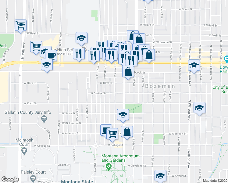 map of restaurants, bars, coffee shops, grocery stores, and more near 221 South 9th Avenue in Bozeman