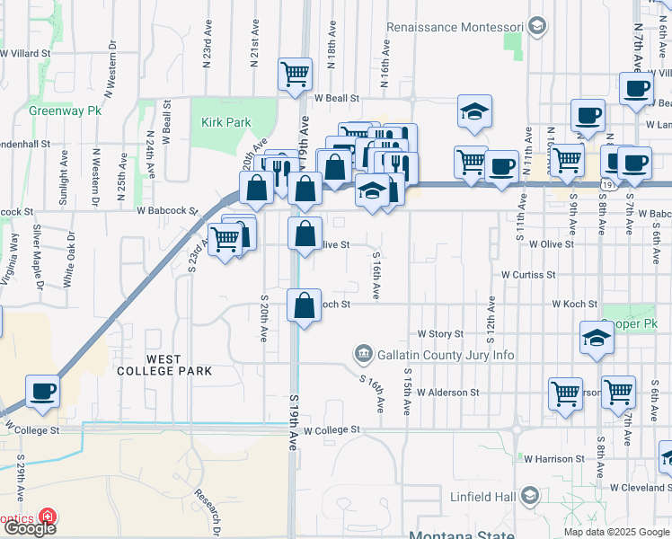 map of restaurants, bars, coffee shops, grocery stores, and more near 1612 West Olive Street in Bozeman
