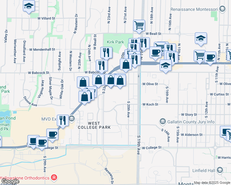map of restaurants, bars, coffee shops, grocery stores, and more near 200 South 23rd Avenue in Bozeman