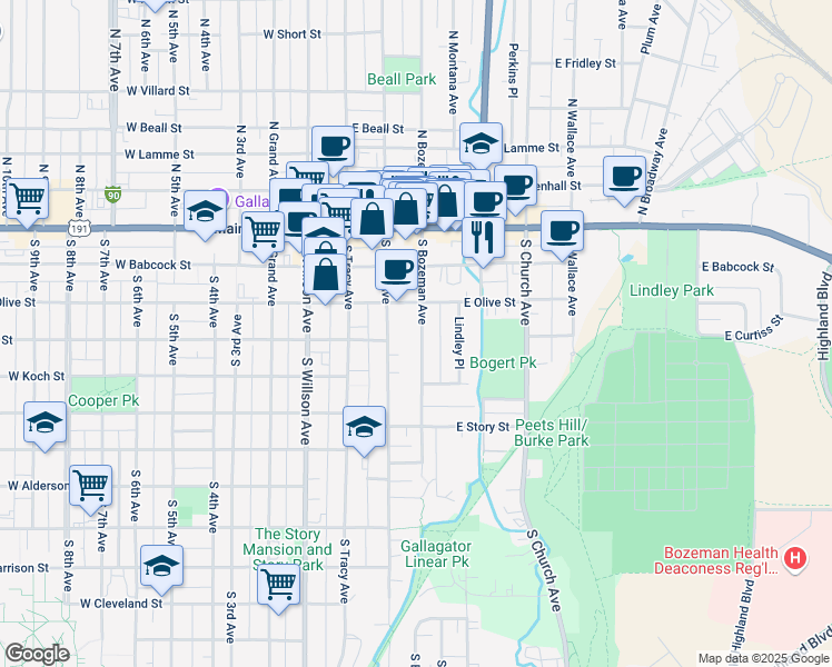 map of restaurants, bars, coffee shops, grocery stores, and more near 219 South Bozeman Avenue in Bozeman