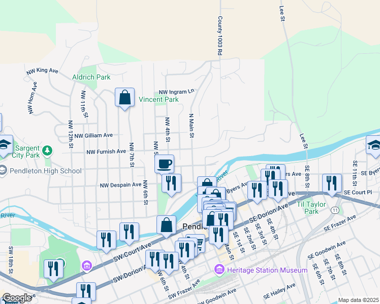 map of restaurants, bars, coffee shops, grocery stores, and more near 421 North Main Street in Pendleton