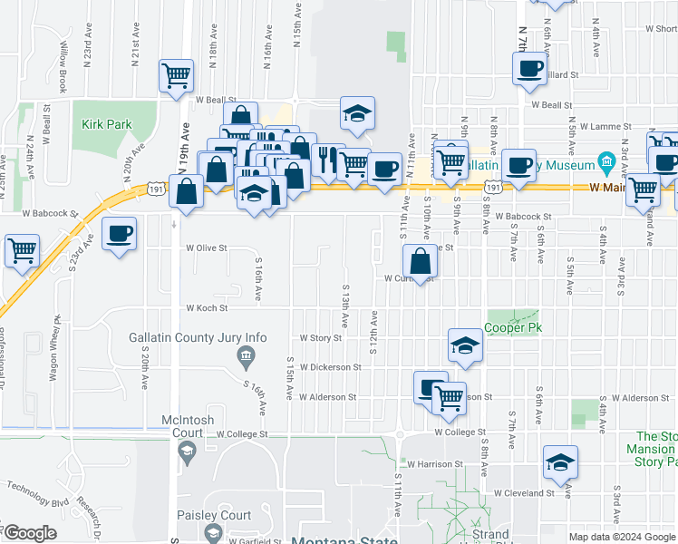 map of restaurants, bars, coffee shops, grocery stores, and more near 221 South 13th Avenue in Bozeman