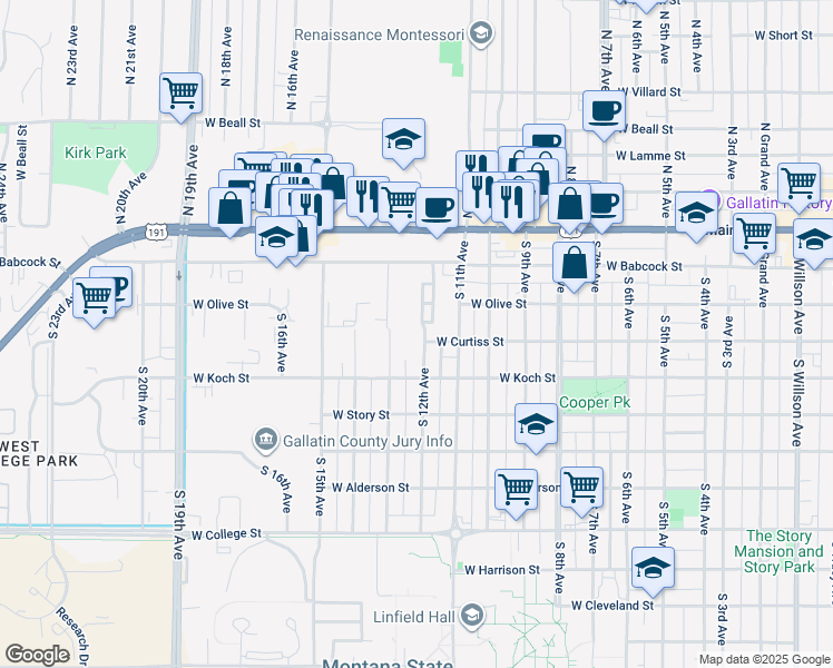 map of restaurants, bars, coffee shops, grocery stores, and more near 222 South 13th Avenue in Bozeman