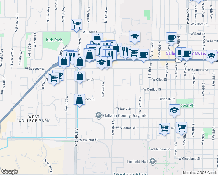 map of restaurants, bars, coffee shops, grocery stores, and more near 214 South 16th Avenue in Bozeman
