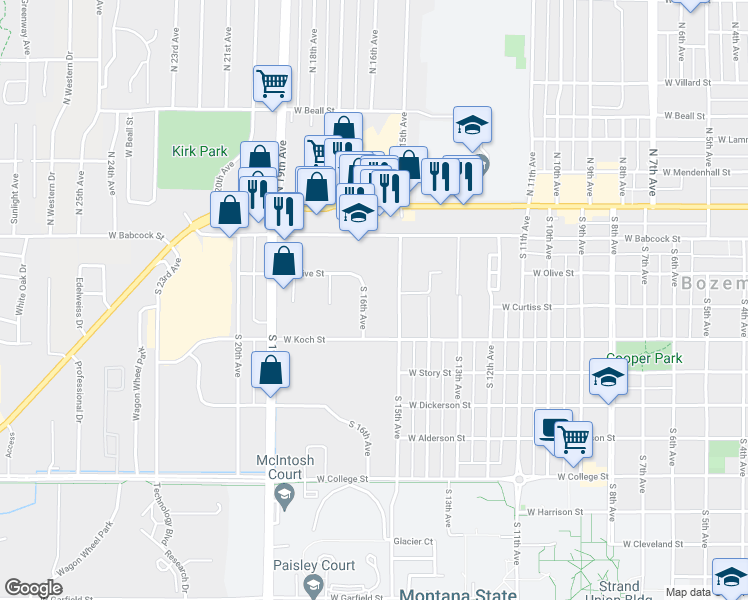 map of restaurants, bars, coffee shops, grocery stores, and more near 214 South 16th Avenue in Bozeman