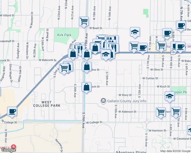 map of restaurants, bars, coffee shops, grocery stores, and more near 1612 West Olive Street in Bozeman