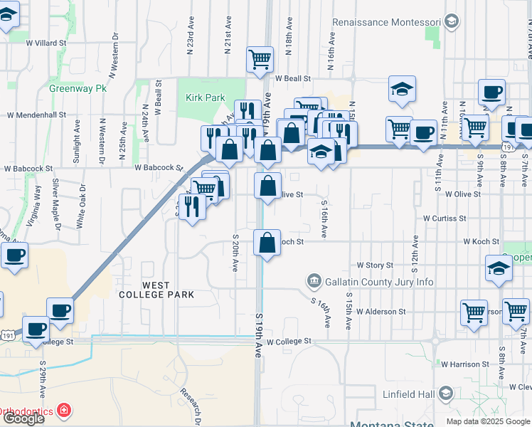 map of restaurants, bars, coffee shops, grocery stores, and more near 220 South 18th Avenue in Bozeman