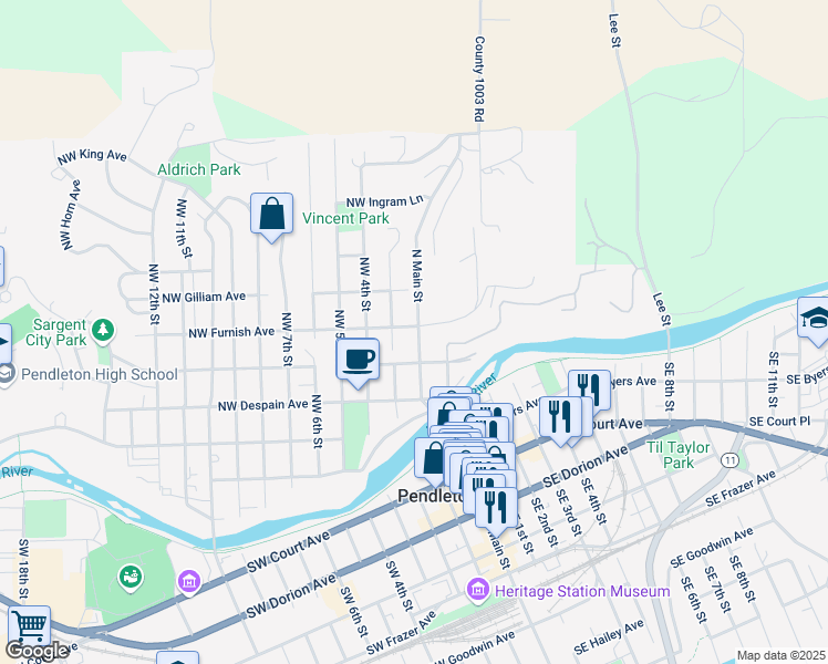 map of restaurants, bars, coffee shops, grocery stores, and more near 421 North Main Street in Pendleton
