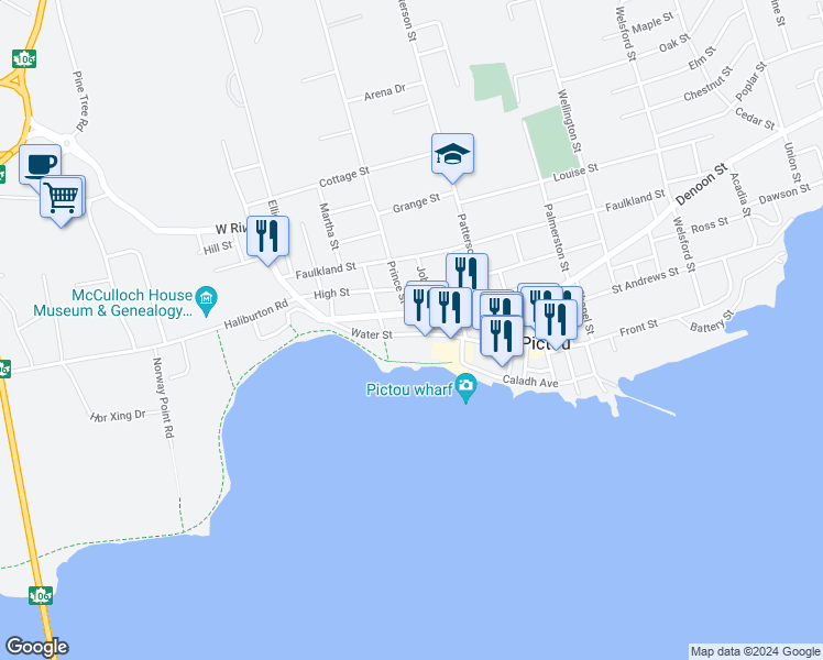 map of restaurants, bars, coffee shops, grocery stores, and more near 116 Water Street in Pictou