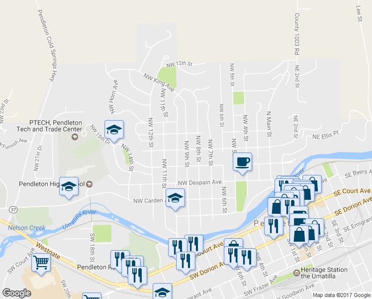 map of restaurants, bars, coffee shops, grocery stores, and more near 907 Northwest Furnish Avenue in Pendleton