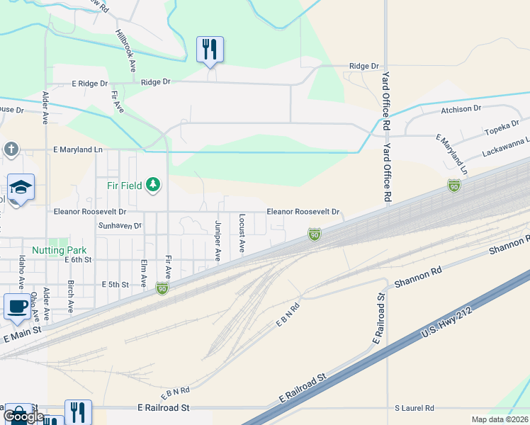 map of restaurants, bars, coffee shops, grocery stores, and more near 1698 Eleanor Roosevelt Drive in Laurel