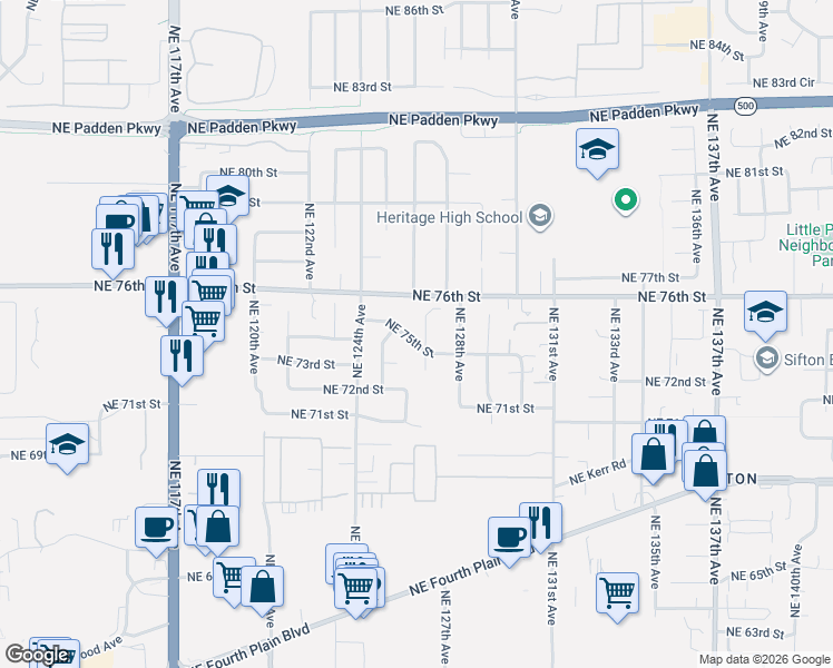 map of restaurants, bars, coffee shops, grocery stores, and more near 7408 Northeast 126th Court in Vancouver
