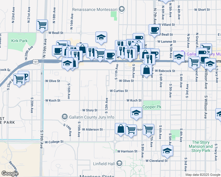 map of restaurants, bars, coffee shops, grocery stores, and more near 1115 West Curtiss Street in Bozeman