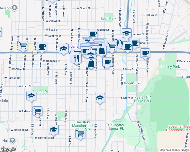 map of restaurants, bars, coffee shops, grocery stores, and more near 217 South Tracy Avenue in Bozeman