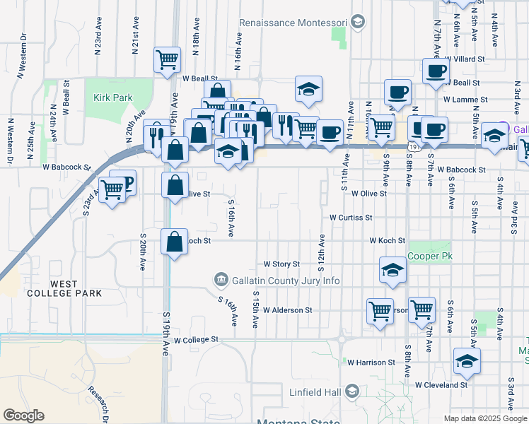 map of restaurants, bars, coffee shops, grocery stores, and more near 218 South 15th Avenue in Bozeman