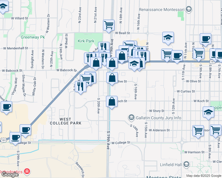 map of restaurants, bars, coffee shops, grocery stores, and more near 220 South 18th Avenue in Bozeman