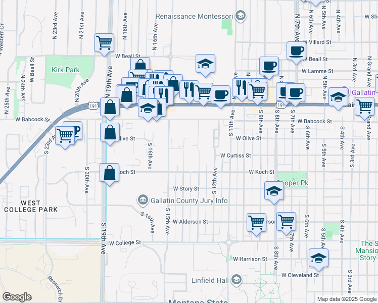 map of restaurants, bars, coffee shops, grocery stores, and more near 222 South 14th Avenue in Bozeman