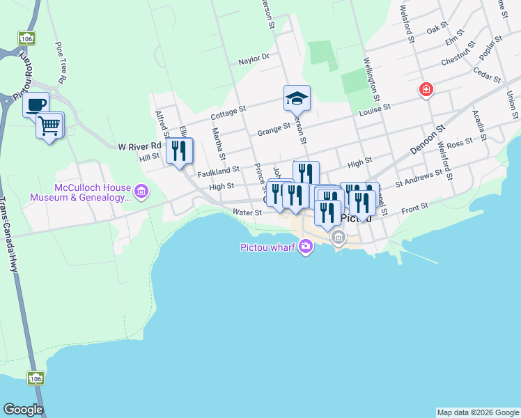map of restaurants, bars, coffee shops, grocery stores, and more near 150 Water Street in Pictou
