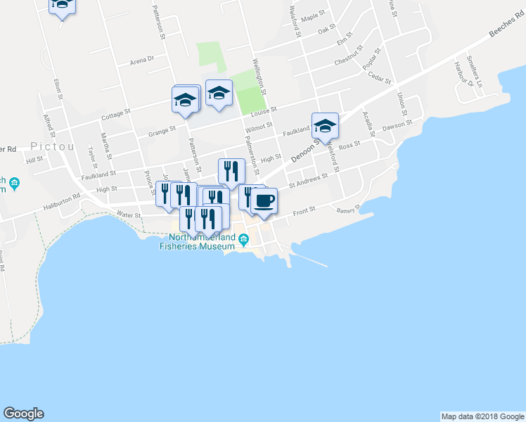 map of restaurants, bars, coffee shops, grocery stores, and more near 16 Twining Street in Pictou