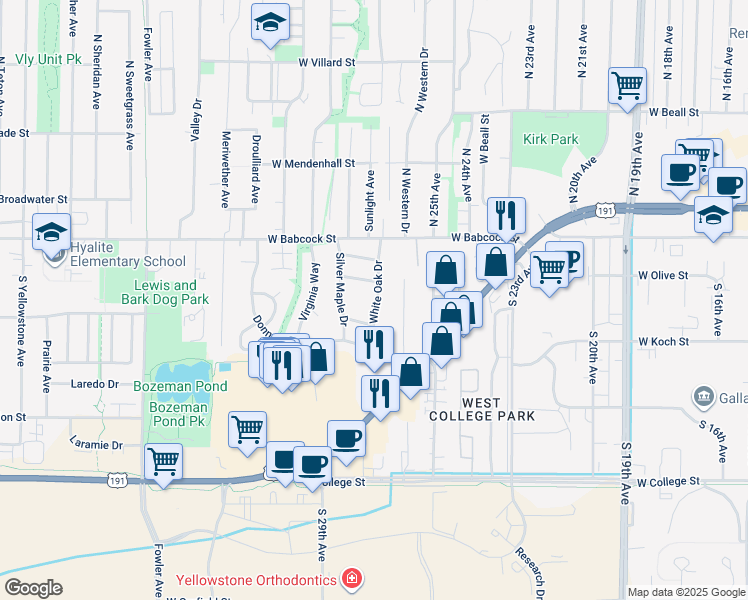 map of restaurants, bars, coffee shops, grocery stores, and more near 2800 West Babcock Street in Bozeman