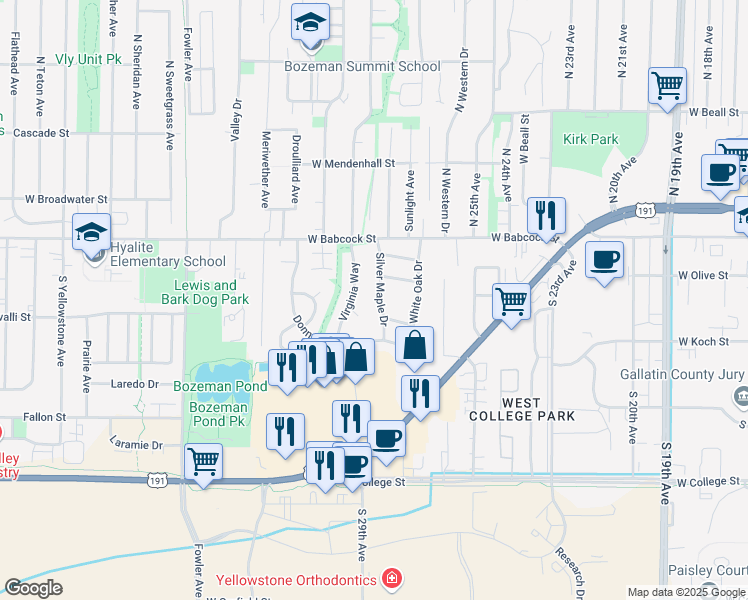 map of restaurants, bars, coffee shops, grocery stores, and more near 217 Silver Maple Drive in Bozeman
