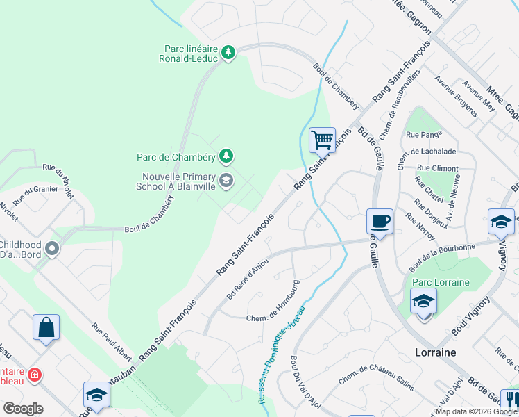 map of restaurants, bars, coffee shops, grocery stores, and more near Rue de Bellevue in Blainville