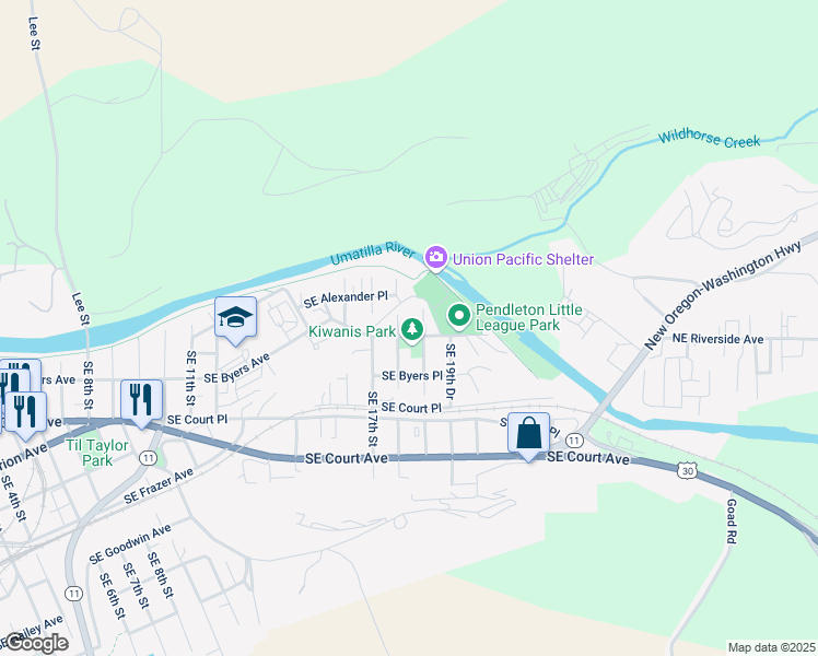 map of restaurants, bars, coffee shops, grocery stores, and more near 1807 Southeast Byers Avenue in Pendleton