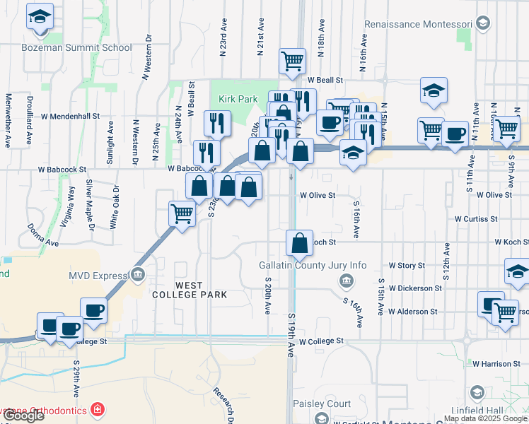 map of restaurants, bars, coffee shops, grocery stores, and more near 211 South 20th Avenue in Bozeman