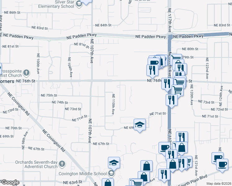 map of restaurants, bars, coffee shops, grocery stores, and more near 7411 Northeast 110th Avenue in Vancouver