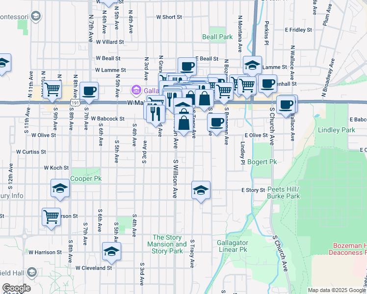map of restaurants, bars, coffee shops, grocery stores, and more near 217 South Tracy Avenue in Bozeman