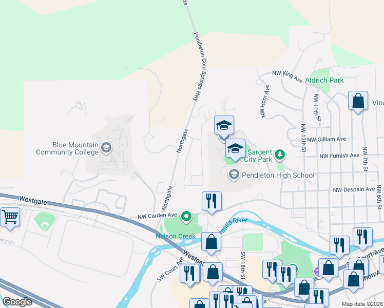 map of restaurants, bars, coffee shops, grocery stores, and more near 446 Northwest 22nd Street in Pendleton