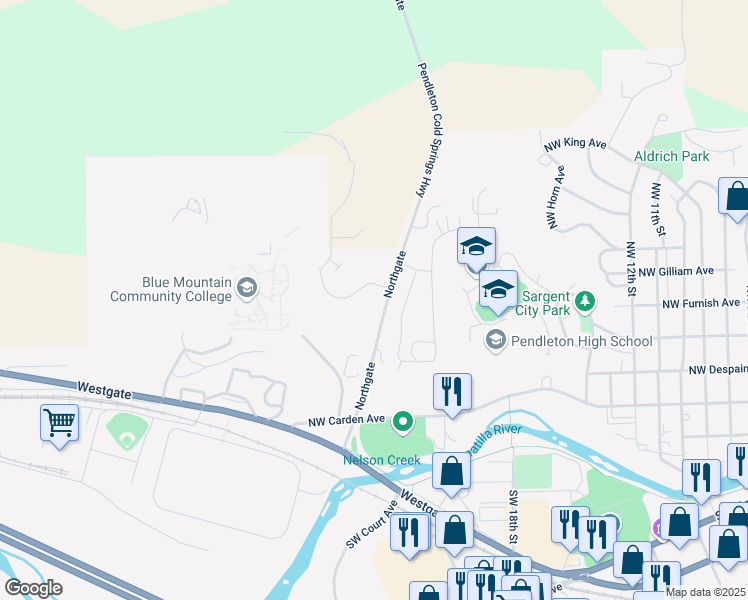 map of restaurants, bars, coffee shops, grocery stores, and more near 513 Northgate in Pendleton