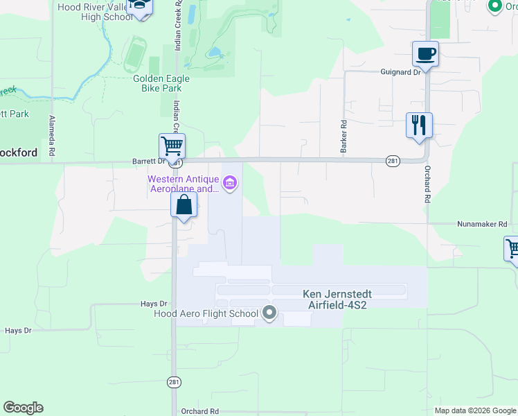 map of restaurants, bars, coffee shops, grocery stores, and more near 1658 Jeanette Road in Hood River