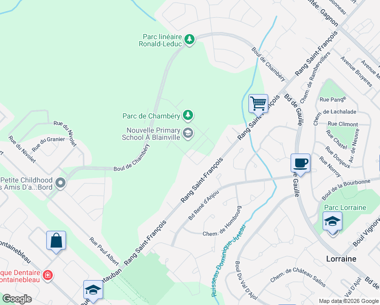 map of restaurants, bars, coffee shops, grocery stores, and more near 55 Rue du Bourget in Blainville