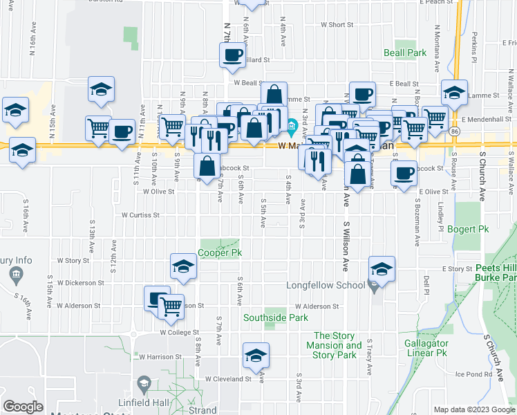 map of restaurants, bars, coffee shops, grocery stores, and more near 219 South 5th Avenue in Bozeman