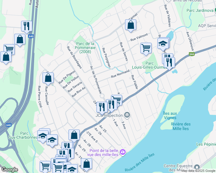 map of restaurants, bars, coffee shops, grocery stores, and more near 34 Rue de la Volière in Terrebonne
