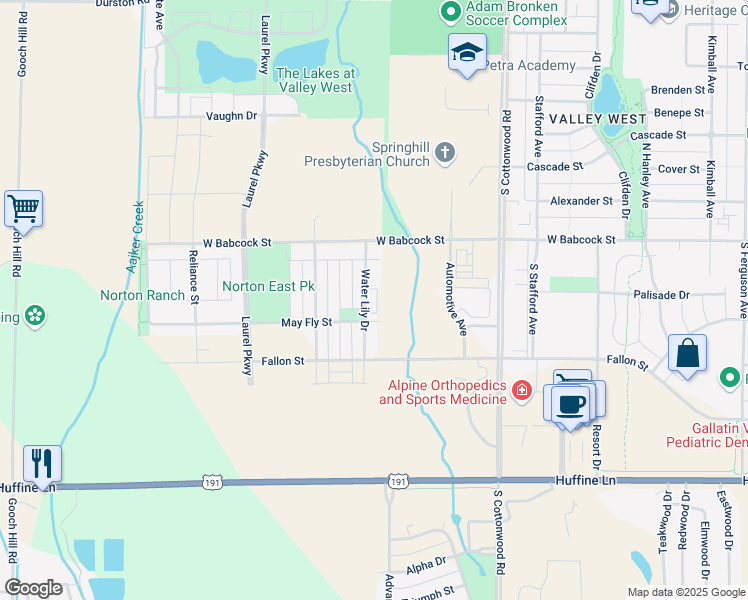 map of restaurants, bars, coffee shops, grocery stores, and more near 230 Water Lily Drive in Bozeman