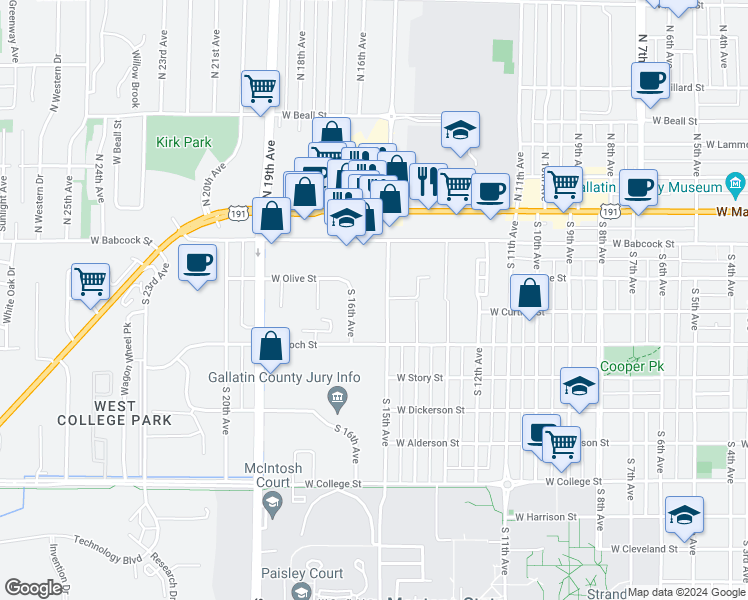 map of restaurants, bars, coffee shops, grocery stores, and more near 211 South 15th Avenue in Bozeman