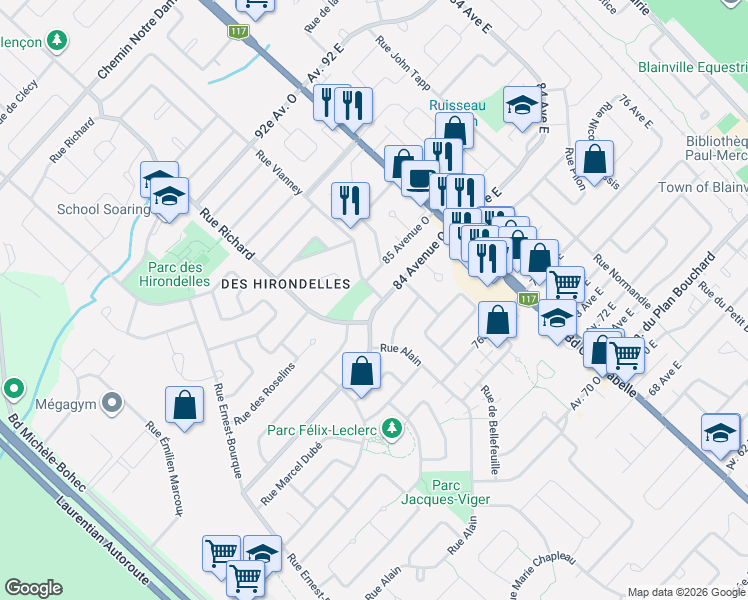 map of restaurants, bars, coffee shops, grocery stores, and more near 1123 Rue Vianney in Blainville