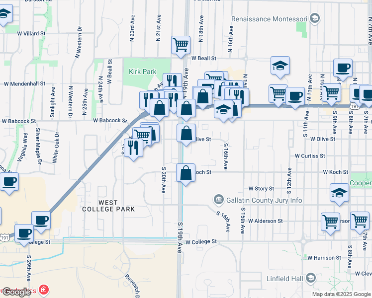 map of restaurants, bars, coffee shops, grocery stores, and more near 220 South 18th Avenue in Bozeman