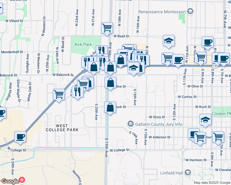 map of restaurants, bars, coffee shops, grocery stores, and more near 220 South 18th Avenue in Bozeman