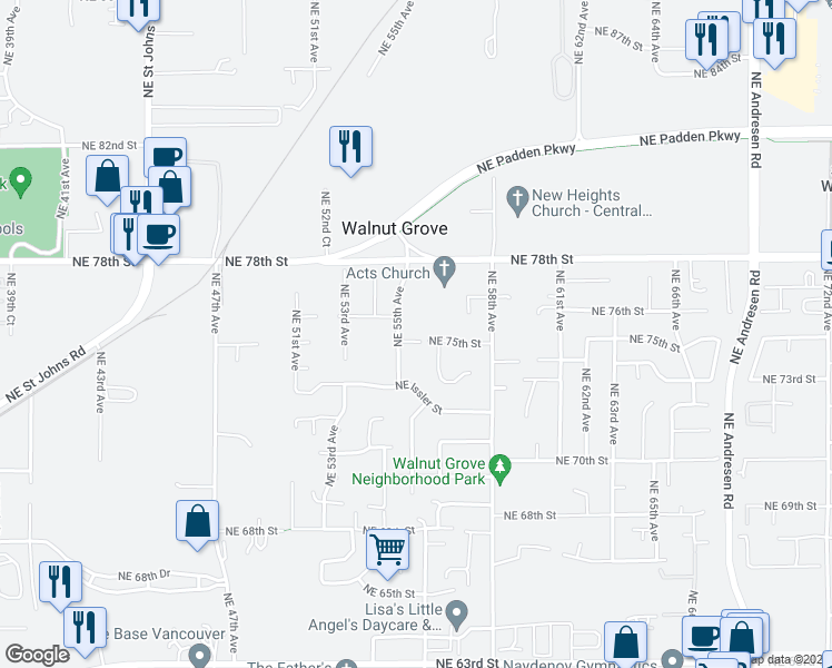 map of restaurants, bars, coffee shops, grocery stores, and more near 5506 Northeast 75th Street in Vancouver