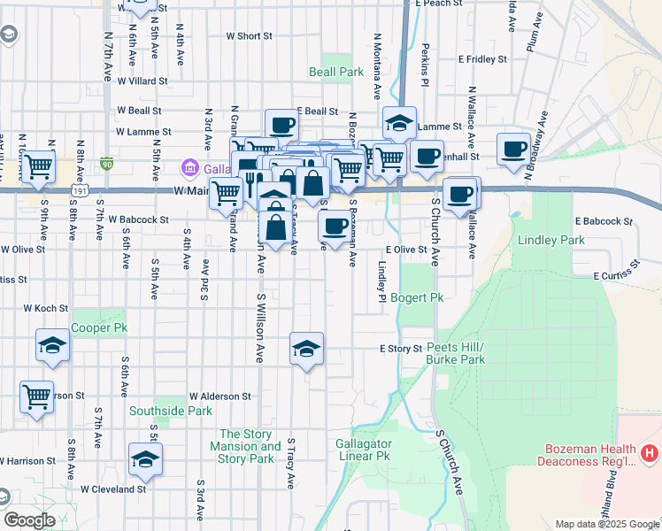map of restaurants, bars, coffee shops, grocery stores, and more near 214 South Black Avenue in Bozeman