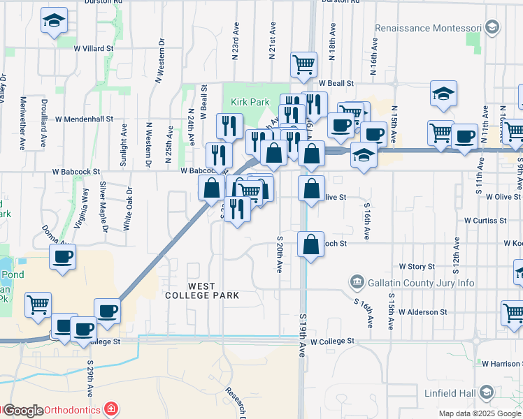 map of restaurants, bars, coffee shops, grocery stores, and more near 211 South 20th Avenue in Bozeman