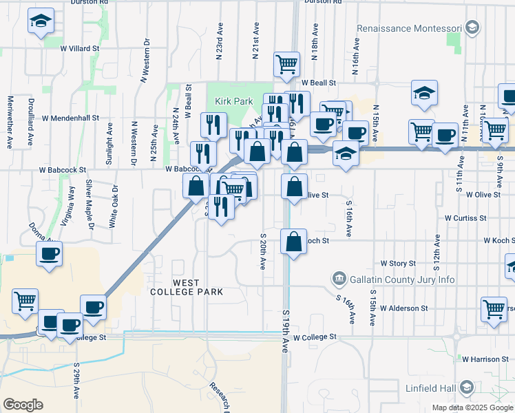map of restaurants, bars, coffee shops, grocery stores, and more near 211 South 20th Avenue in Bozeman