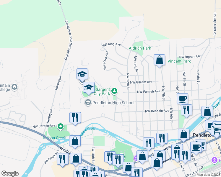 map of restaurants, bars, coffee shops, grocery stores, and more near 516 Northwest 14th Street in Pendleton